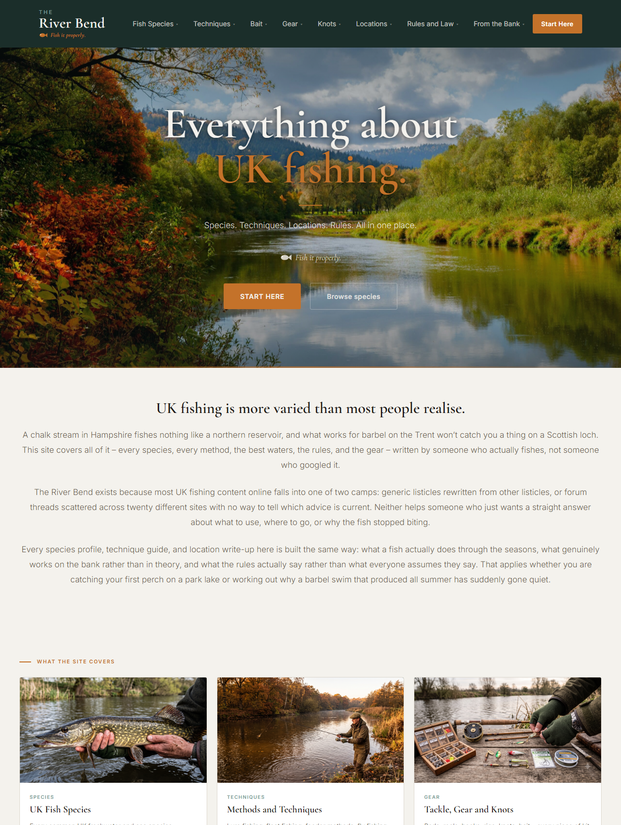 The River Bend home page, showing the species, techniques, gear and locations sections the site is built around