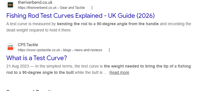 The live Google result for "fishing rod test curve explained", with theriverbend.co.uk as the first organic result above CPS Tackle